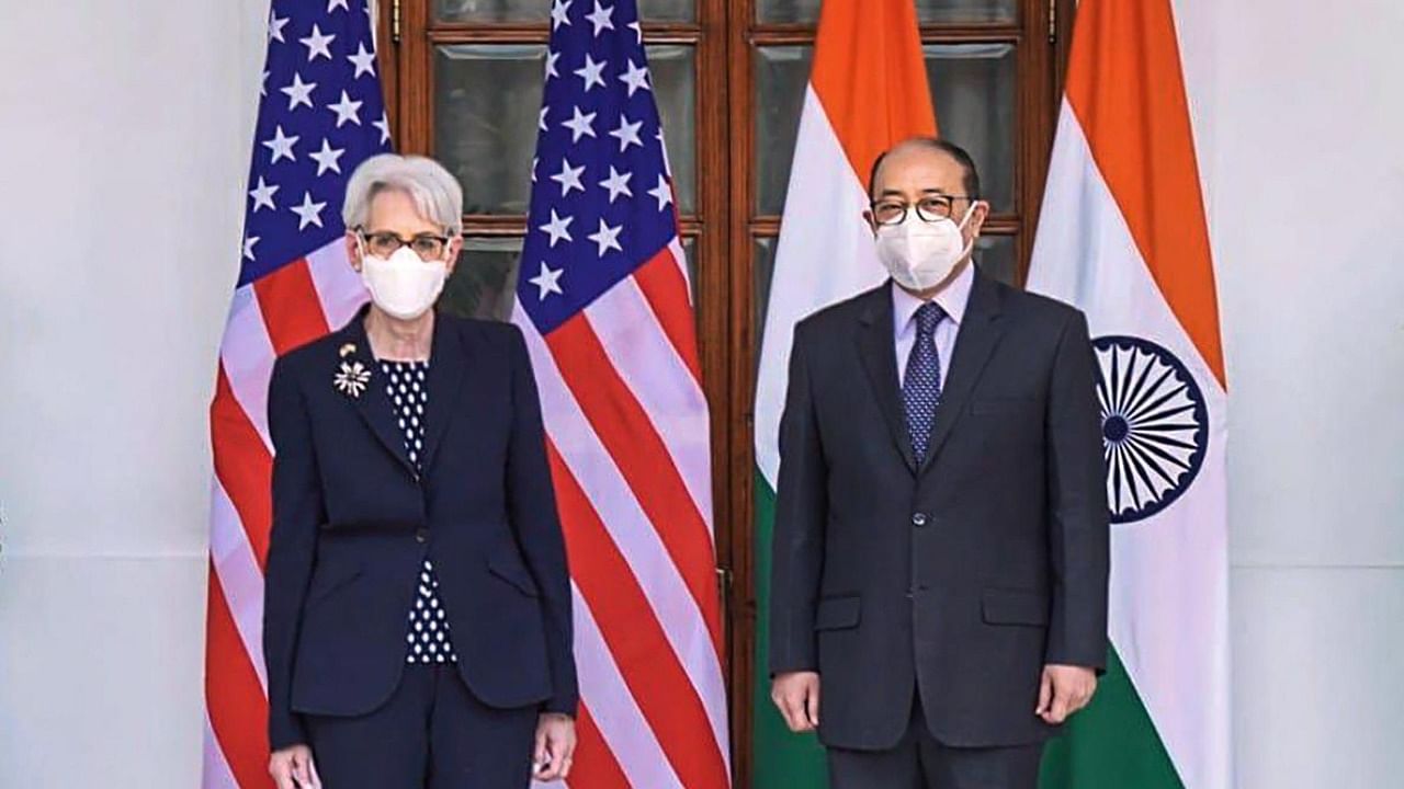 Foreign Secretary of India Harsh V Shringla with US Deputy Secretary of State Wendy R. Sherman during their meeting, in New Delhi. Credit: PTI Photo