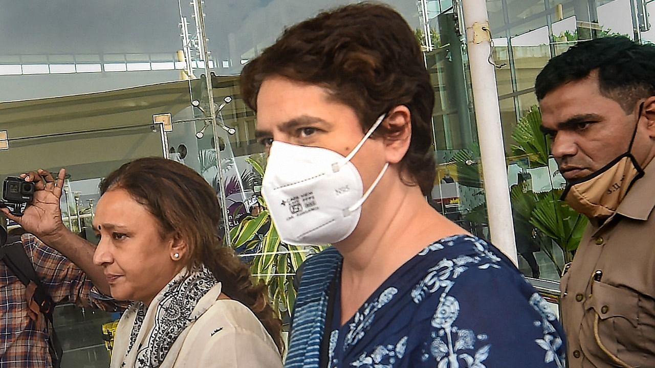 Congress General Secretary Priyanka Gandhi Vadra arrives at the Chaudhary Charan Singh Airport in Lucknow, Monday. Credit: PTI Photo