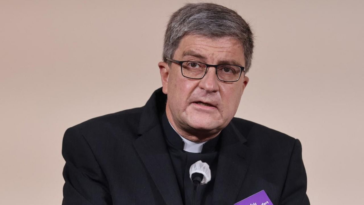 Catholic Bishop Eric de Moulins-Beaufort, president of the Bishops' Conference of France (CEF), speaks during the publishing of a report by an independant commission into sexual abuse by church officials (Ciase) on October 5, 2021, in Paris. Credit: AFP Photo