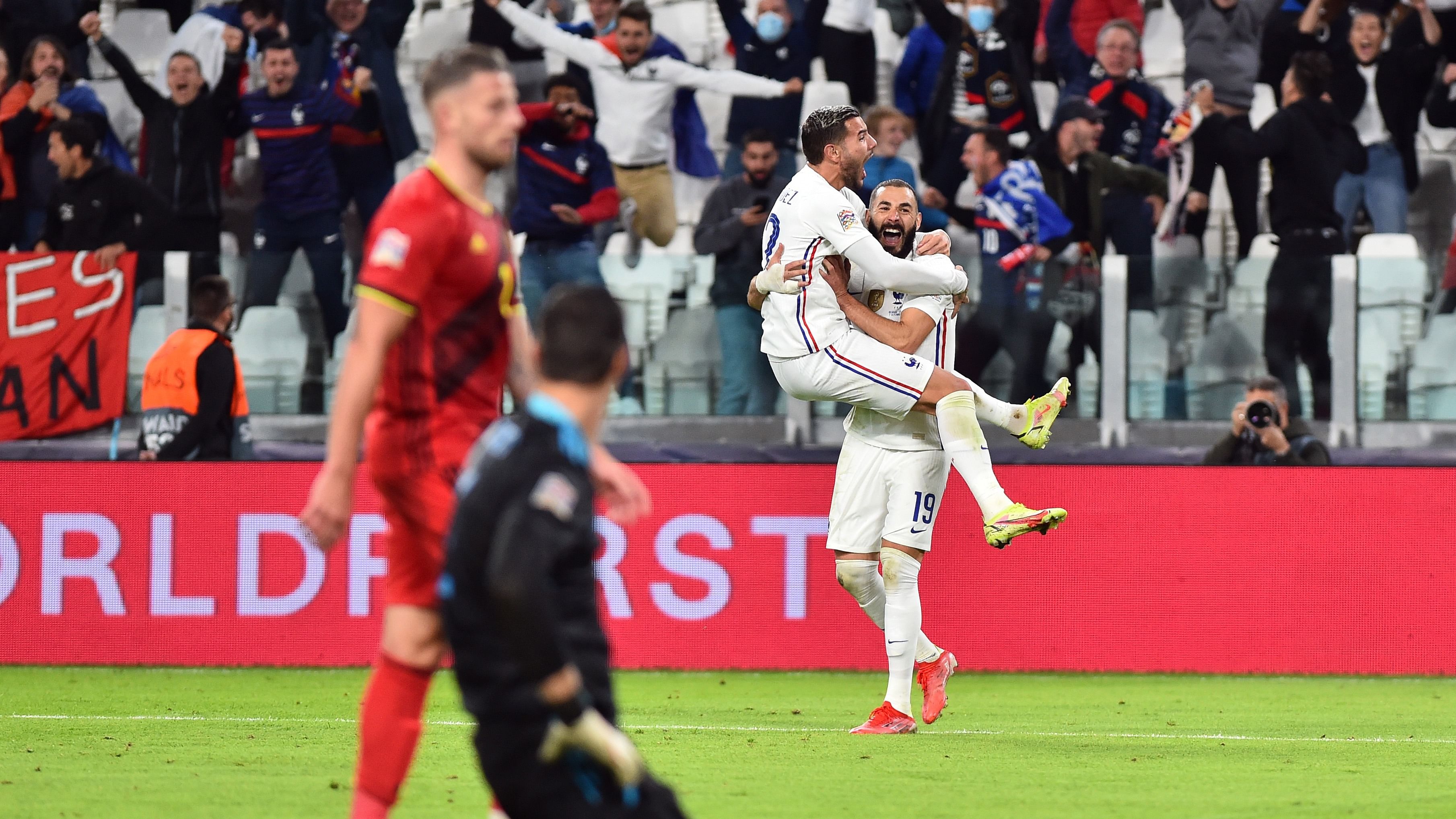 France's Theo Hernandez celebrates scoring their winner against Belgium to advance to the Nations League final. Credit: Reuters Photo