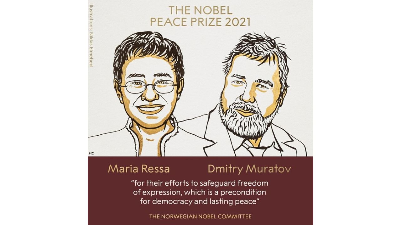 Ressa in 2012 co-founded Rappler, a news website that has focused “critical attention on the (President Rodrigo) Duterte regime's controversial, murderous anti-drug campaign,” the Nobel committee said. Muratov was one of the founders of the independent Russian newspaper Novaya Gazeta in 1993. Credit: Twitter/ @NobelPrize