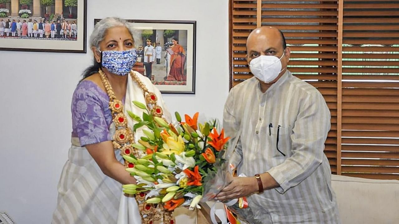 File Photo of Finance Minister Nirmala Sitharaman and CM Basavaraj Bommai. Credit: PTI Photo