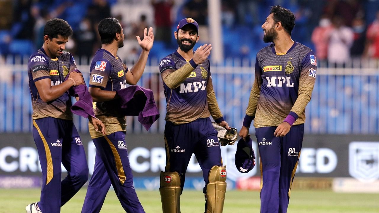 Kolkata Knight Riders players celebrate after winning their Indian Premier League cricket match against the Rajasthan Royals, in Sharjah. Credit: PTI Photo/Sportzpics