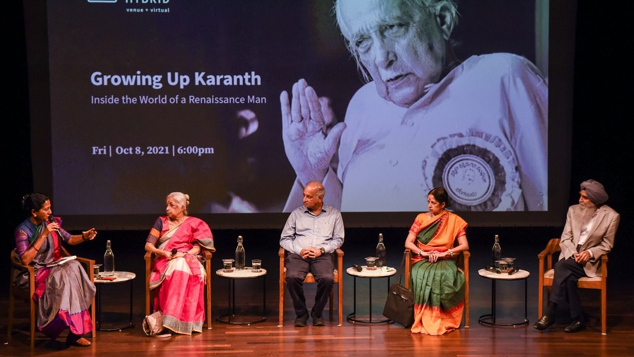 (From left) Writers Shobha Narayan, Malavika Kapur, Ullas Karanth, Kshama Rao and former bureaucrat Chiranjeevi Singh at the release of the book 'Growing Up Karanth' in Bengaluru on Friday. Credit: DH Photo