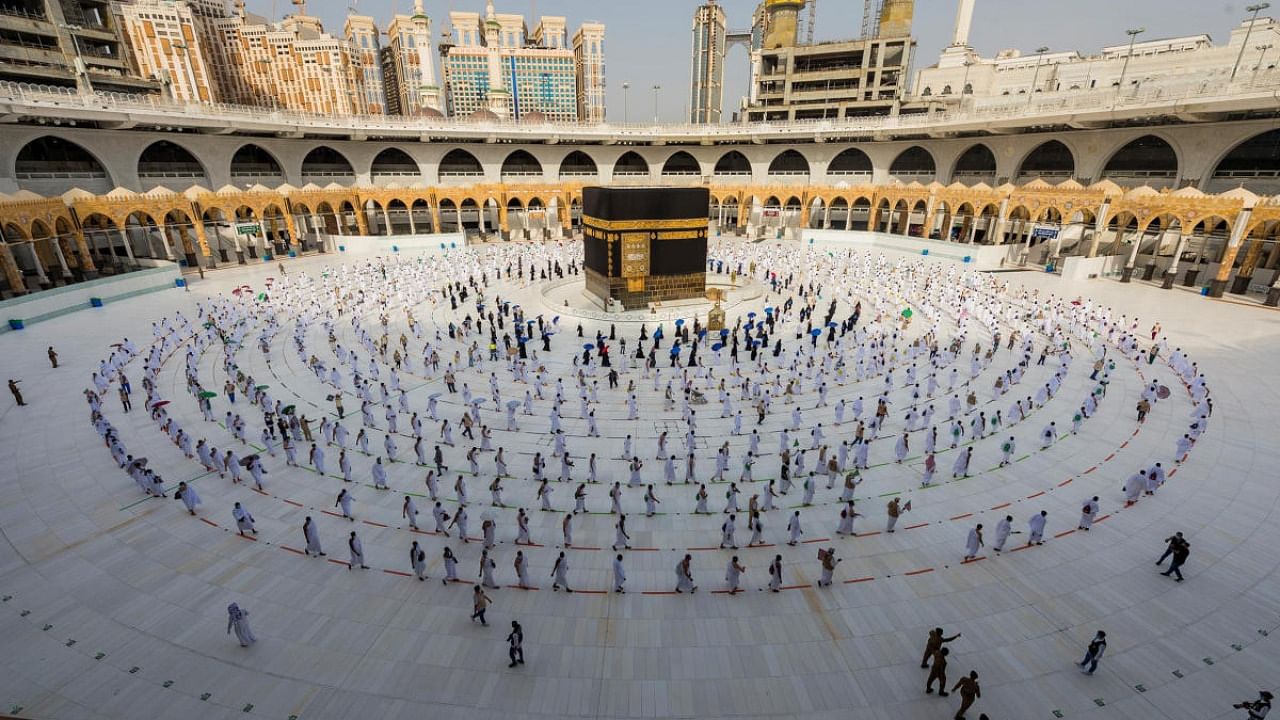 General view of Kaaba as Muslim pilgrims keeping social distance perform Tawaf around it during the annual Haj pilgrimage. Credit: Reuters File Photo
