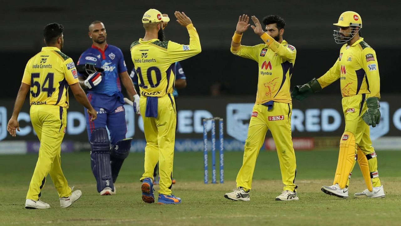 Ravindra Jadeja of Chennai Super Kings celebrates the wicket of Rishabh Pant with teammates, during a match between the Delhi Capitals and the Chennai Super Kings held on October 4. Credit: PTI Photo