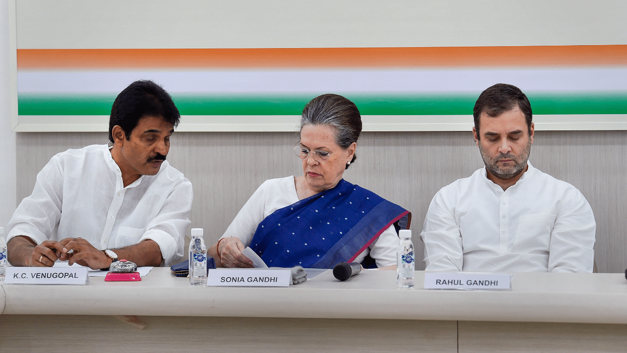 Congress President Sonia Gandhi, General Secretary K C Venugopal, and Rahul Gandhi. Credit: PTI Photo