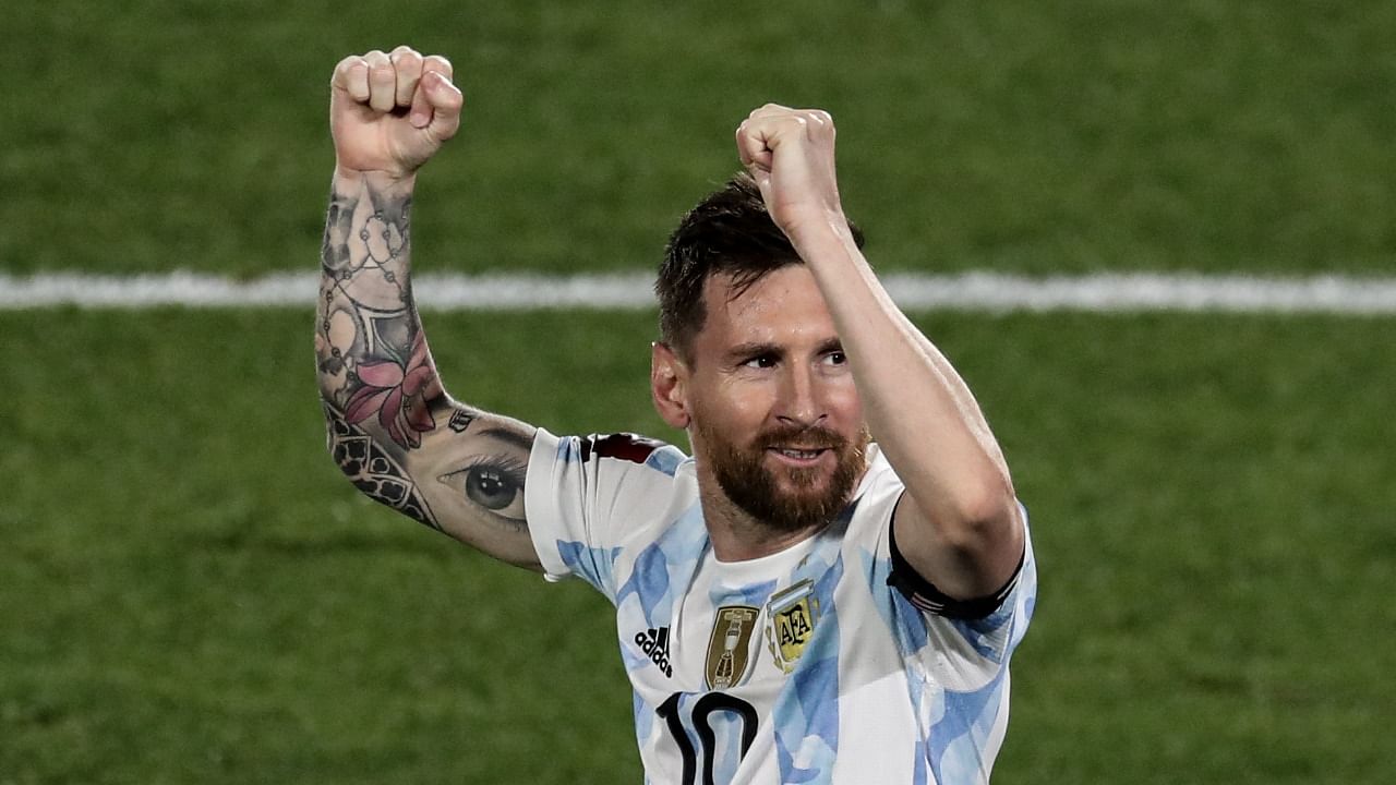 Messi celebrates after scoring against Uruguay. Credit: AFP Photo