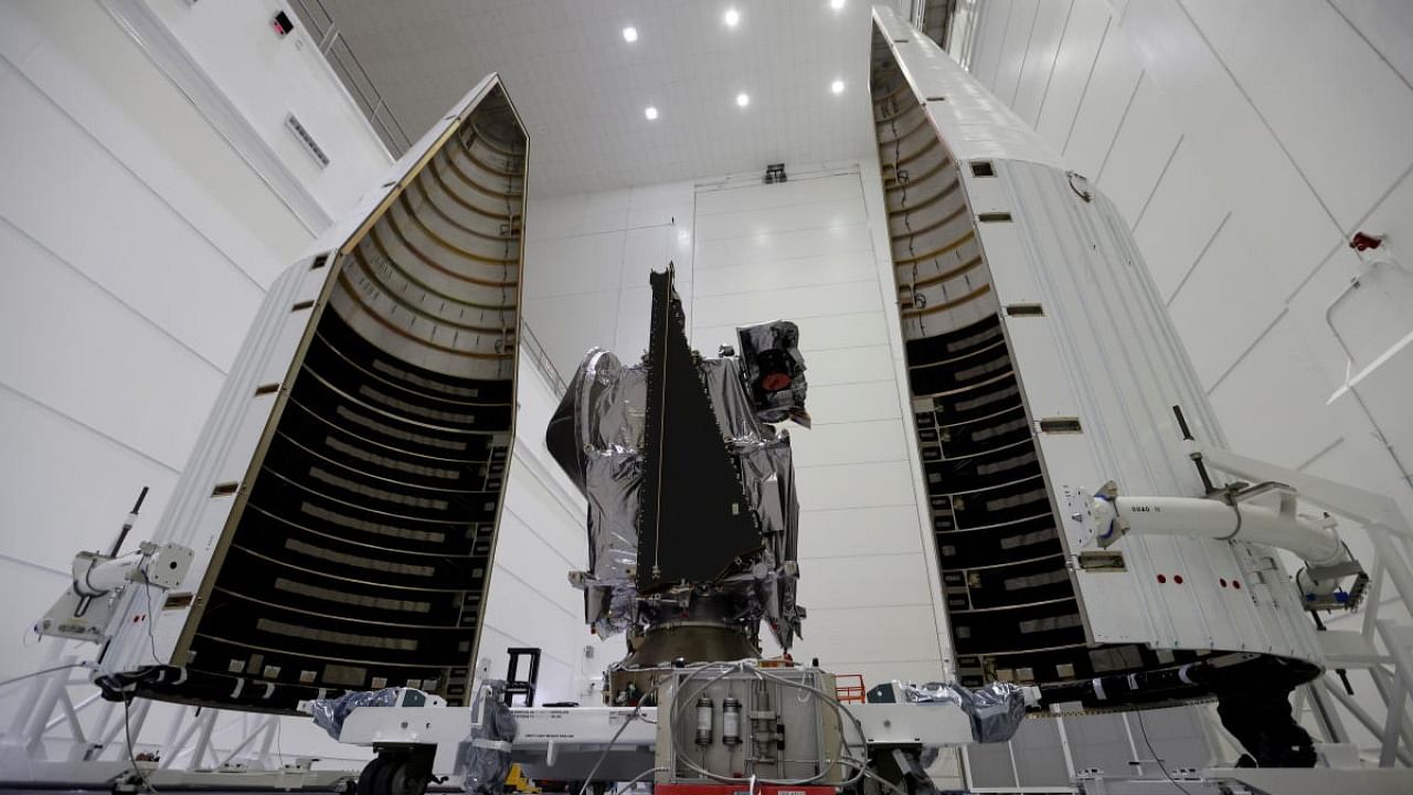 NASA's Lucy spacecraft is shown as it is prepared for launch in October aboard a United Launch Alliance Atlas 5 rocket. Credit: Reuters Photo
