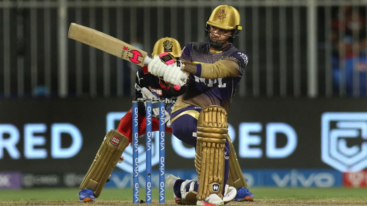  Sunil Narine of Kolkata Knight Riders bats during the Indian Premier League eliminator cricket match between Royal Challengers Bangalore and Kolkata Knight Riders, at the Sharjah Cricket Stadium in Sharjah, UAE. Credit: PTI Photo