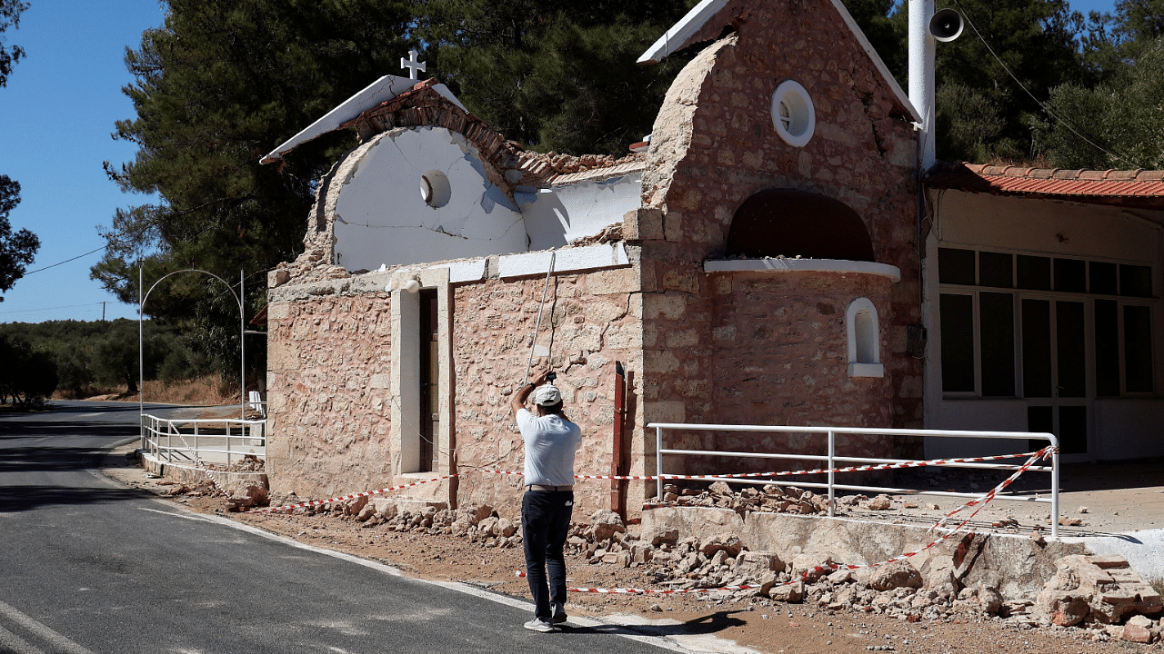 File photo of an collapsed house in Crete after a quake on September 27, 2021. Credit: Reuters Photo