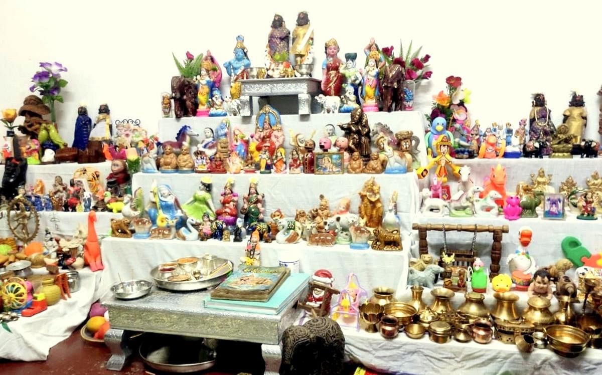 Dasara dolls arranged at the residence of retired principal H N Nagachari in Kushalnagar.
