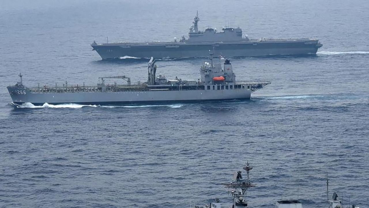 This handout photo released by the Indian Navy shows ships during the second phase of the Malabar naval exercise in which India, Australia, Japan and the U.S are taking part in the Bay of Bengal in the Indian Ocean. Credit: AFP Photo