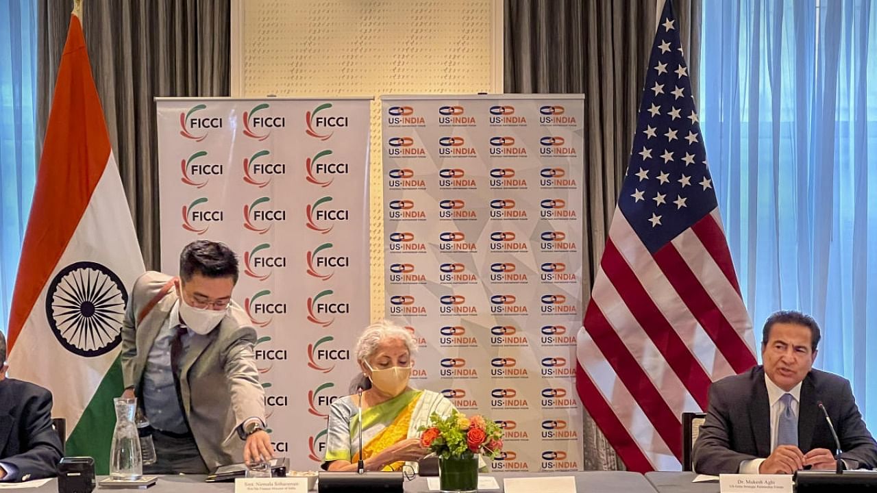 Union Finance Minister Nirmala Sitharaman during the investors roundtable meeting hosted by FICCI and US-India Strategic Partnership Forum (USISPF), in Boston. Credit: PTI Photo