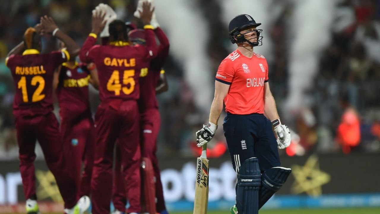 England's captain Eoin Morgan walks back to the pavilion after his dismissal during the World T20 cricket tournament final match between England and West Indies at The Eden Gardens Cricket Stadium in Kolkata in 2016. Credit: AFP File Photo