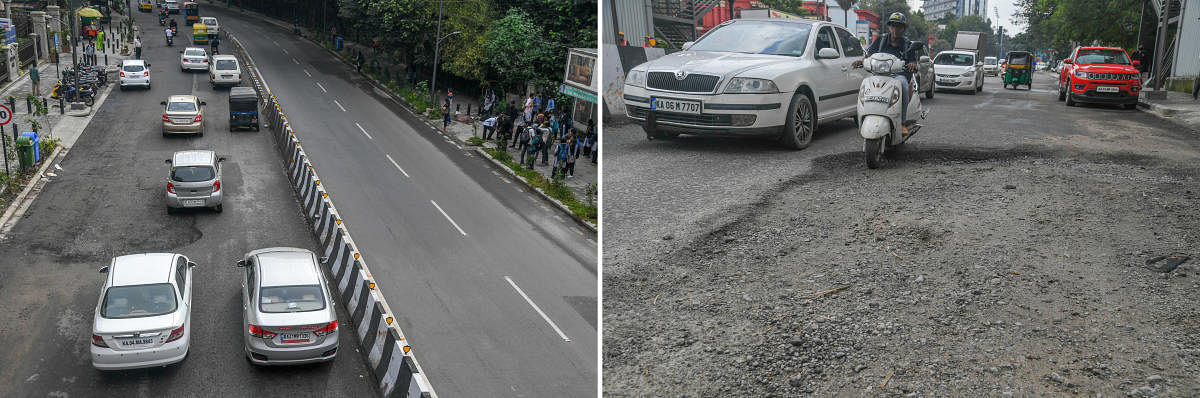 Civic authorities have missed a second deadline to fill up potholes in the last month-and-a-half, which they blamed on the rains. Credit: DH Photo