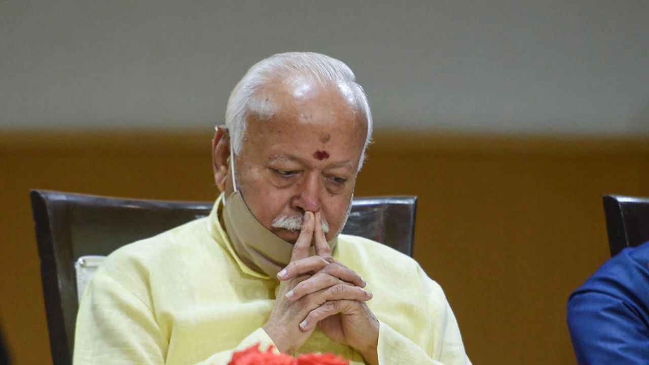 RSS chief Mohan Bhagwat at a book 'Veer Savarkar' release function in New Delhi, Tuesday, Oct. 12, 2021. Credit: PTI Photo