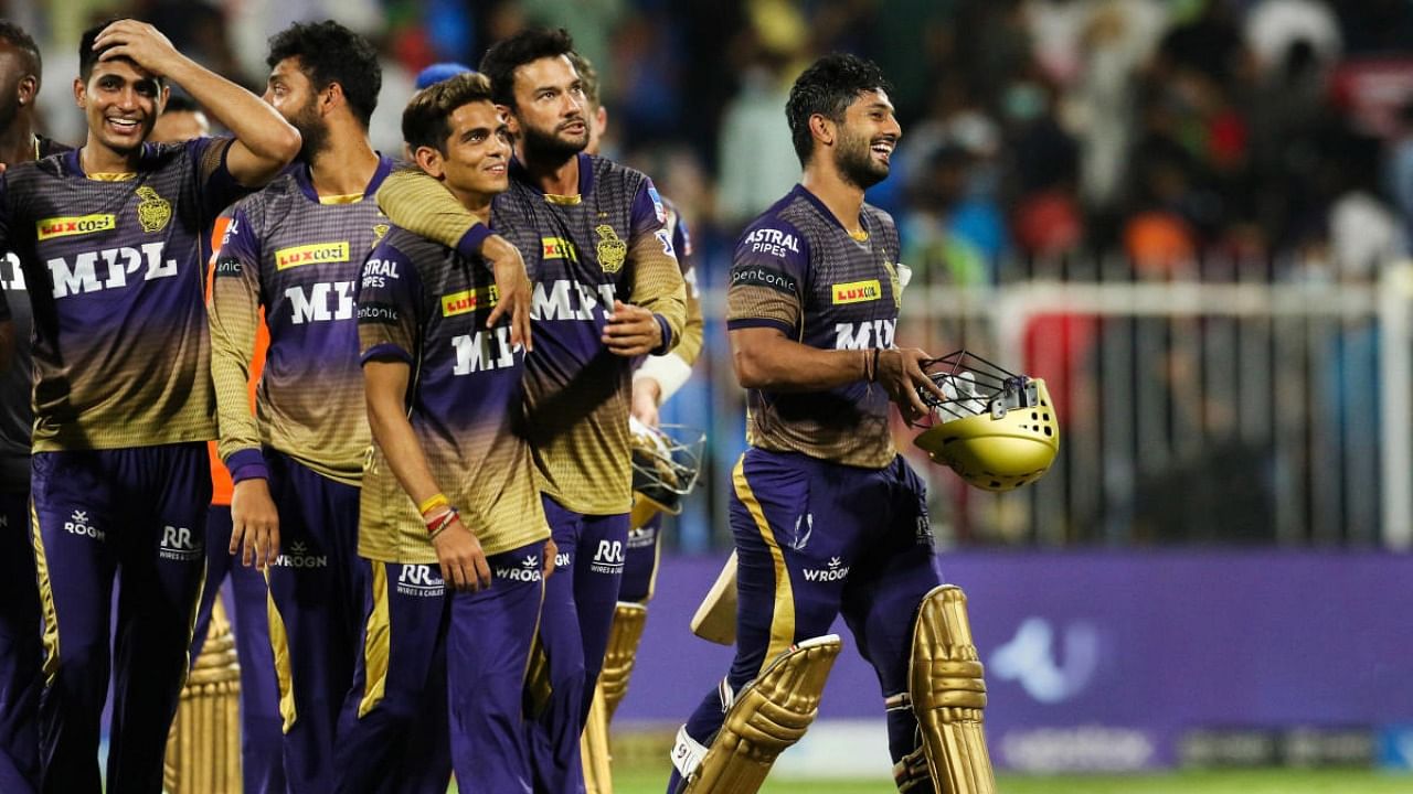  Kolkata Knight Riders celebrate their win during the qualifier 2 cricket match of the Indian Premier League between the Kolkata Knight Riders and the Delhi Capitals. Credit: PTI Photo