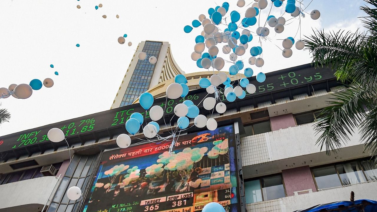 Balloons fly in celebration of Sensex breaching the 60,000 mark for the first time, in Mumbai, Friday, September 24, 2021. Credit: PTI File Photo