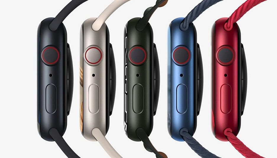 The new Watch Series 7 come in five vivid colour options. Credit: Apple