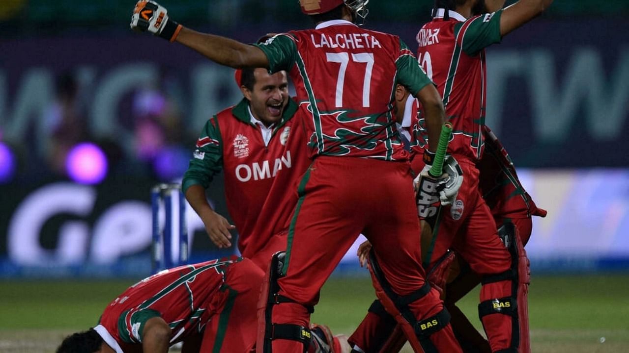 Oman celebrate their victory over Ireland at the 2016 T20 World Cup AFP File Photo