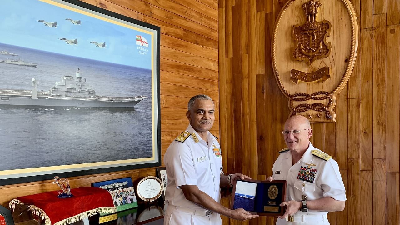 Admiral Mike Gilday, the Chief of Naval Operations of the United States Navy, with Vice-Admiral Hari Kumar. Credit: Twitter/@USNavyCNO
