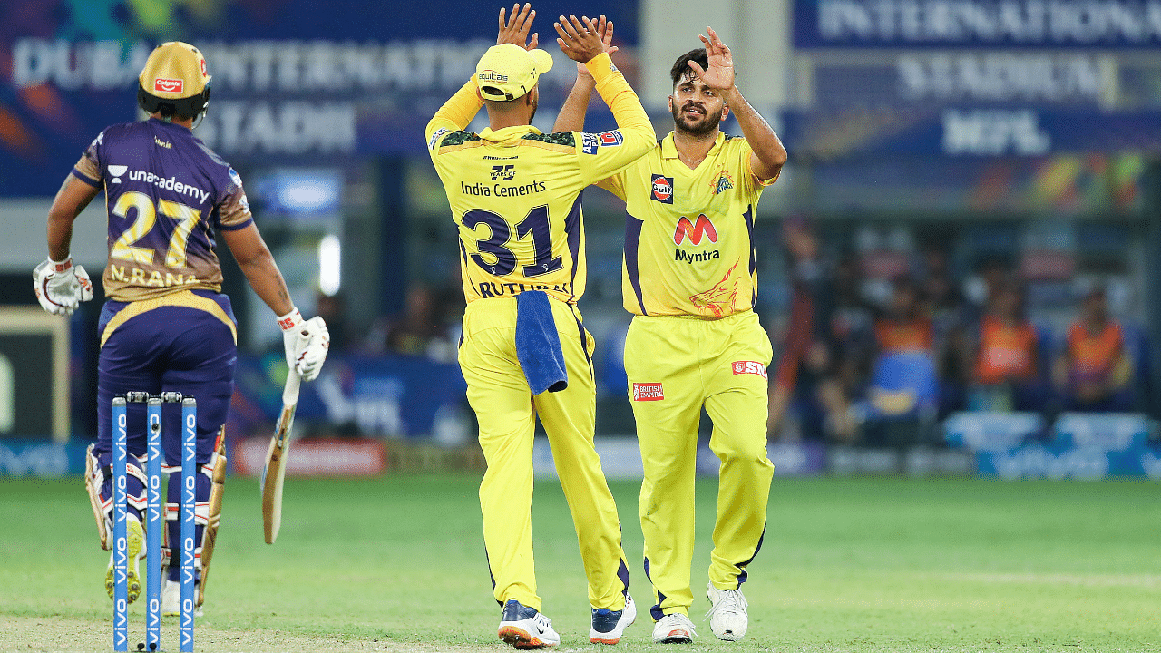 Shardul Thakur of Chennai Super Kings celebrates a wicket during the final of the Indian Premier League 2021 between the Chennai Super Kings and the Kolkata Knight Riders. Credit: PTI Photo
