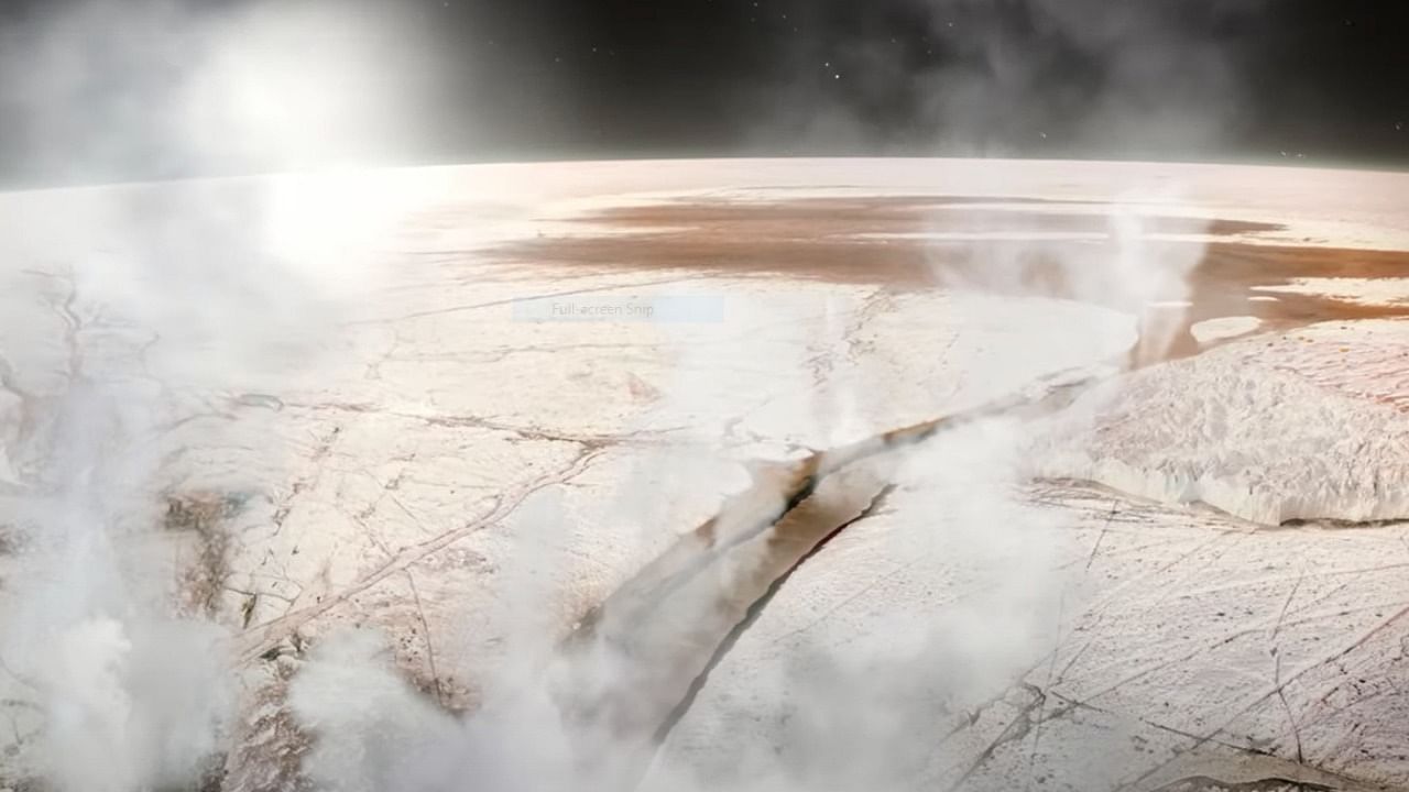 'Plumes erupting through ice', similar to geysers on Earth (but more than 96 kms high) were captured in 2013 Hubble photographs. Credit: YouTube screengrab/NASA Goddard