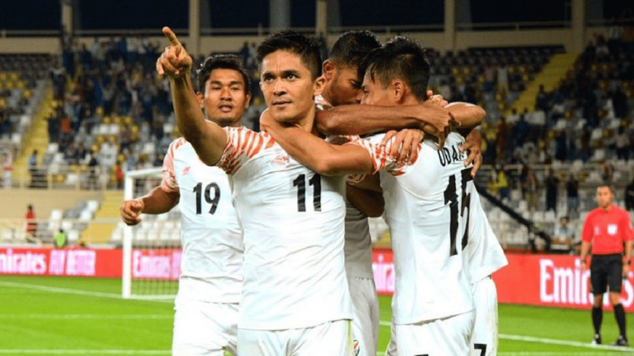 Chhetri scored in the 49th minute of the match, which put him level with Lionel Messi on 80 international goals. Credit: PTI Photo