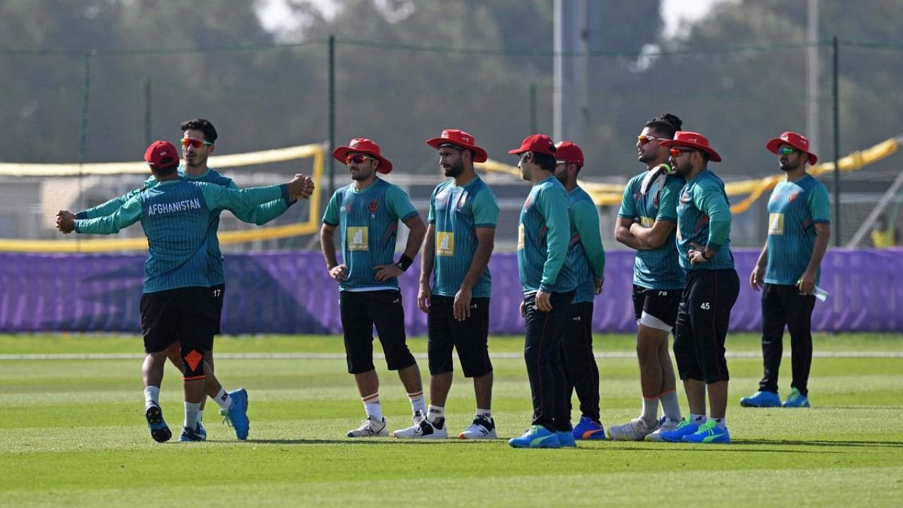 Afghanistan's players attend a practice session at a training ground during the ICC men’s Twenty20 World Cup in Abu Dhabi. Credit: AFP Photo
