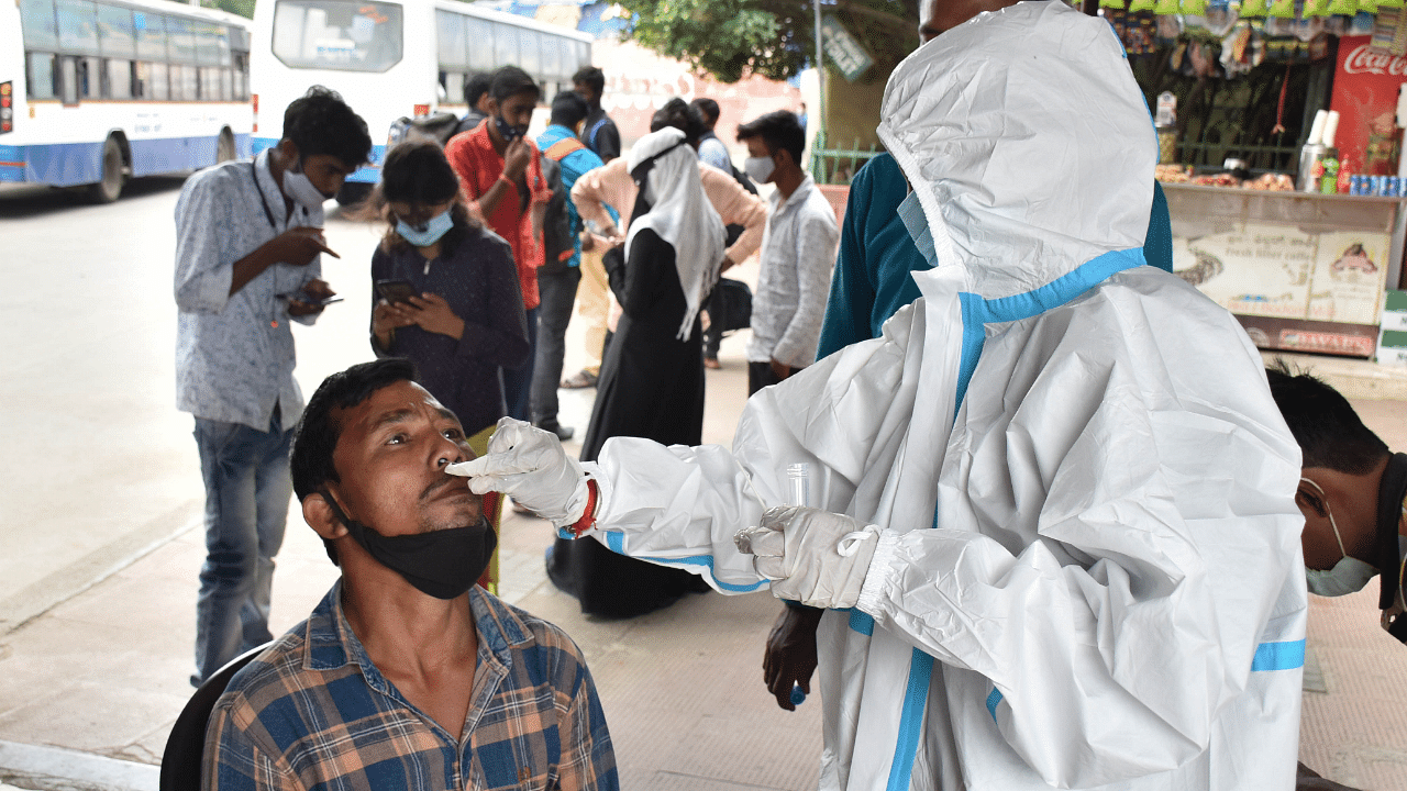 A healthcare worker takes swab samples in Bengaluru on Sunday. Credit: DH Photo