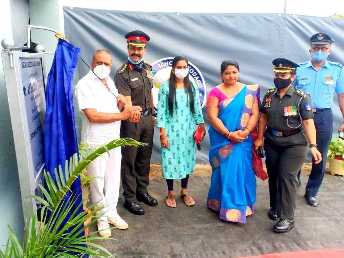 Madikeri MLA Appachu Ranjan M P inaugurates the siren installed by Kodagu Sainik School on its premises, to issue warnings to the people during the release of water from the Harangi reservoir.