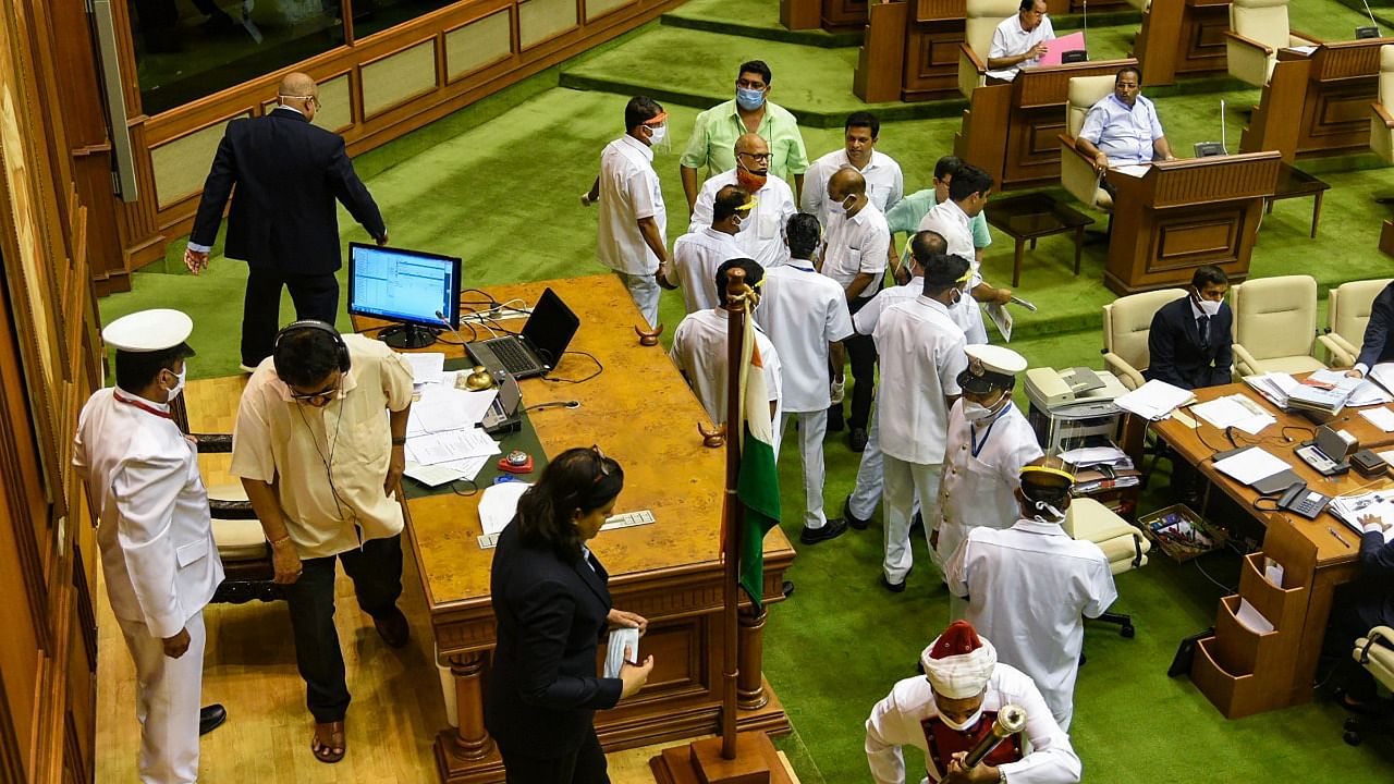 Goa Assembly Speaker Rajesh Patnekar adjourns the house following ruckus on the first day of the Assembly Session, in Porvorim, Monday. Credit: PTI Photo