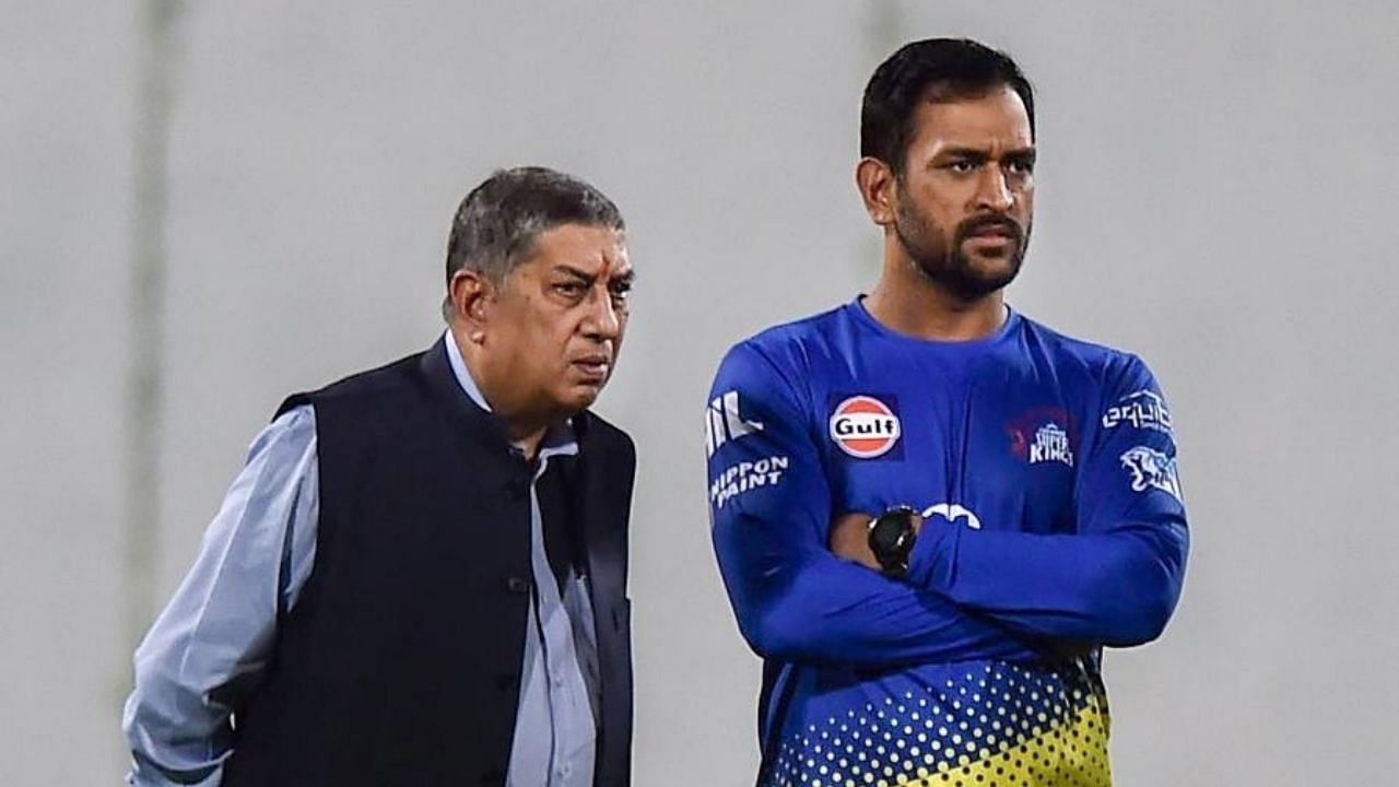 ICL vice-chairman and managing director N Srinivasan (L) and M S Dhoni (R). Credit: PTI File Photo