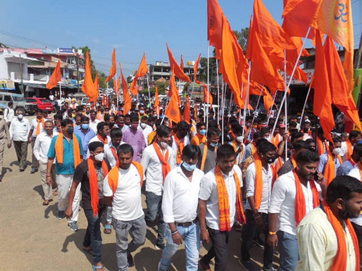 Hindu activists take out a protest rally in Shanivarasanthe on Tuesday condemning religious conversions.