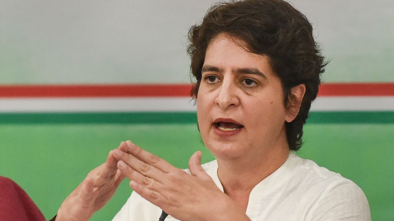 Congress General Secretary Priyanka Gandhi Vadra addresses a press conference at the party office in Lucknow. Credit: PTI Photo
