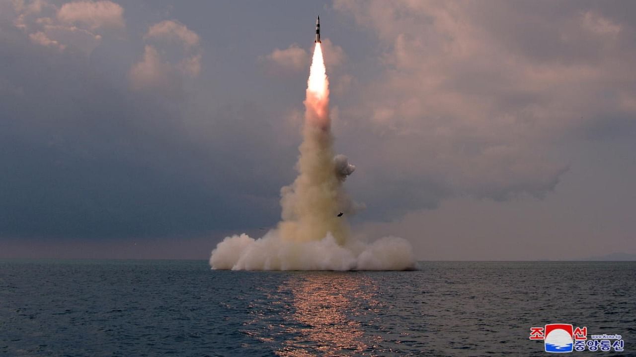 A new submarine-launched ballistic missile is seen during a test in this undated photo released on October 19, 2021 by North Korea's Korean Central News Agency (KCNA). Credit: KCNA via Reuters