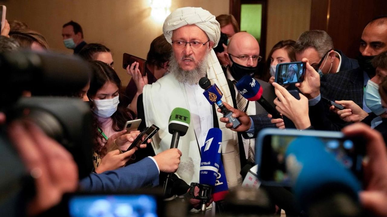 Head of the Taliban delegation, deputy prime minister Abdul Salam Hanafi speaks to the media during an international conference on Afghanistan in Moscow. Credit: AFP Photo