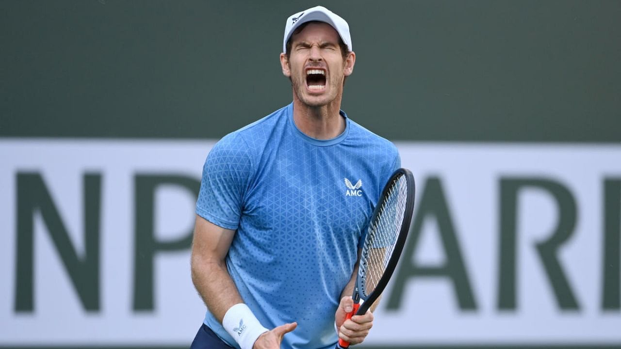 Andy Murray (GBR) reacts after missing a shot against Alexander Zverev (GER) during a third round match in the BNP Paribas Open at the Indian Wells Tennis Garden. Credit: USA Today Sports