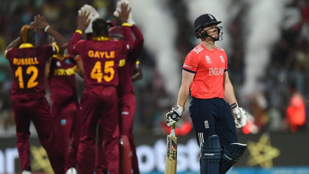 File Photo from 2016 wheere England's captain Eoin Morgan walks back to the pavilion after his dismissal during the World T20 cricket tournament final match between England and West Indies. Credit: AFP Photo