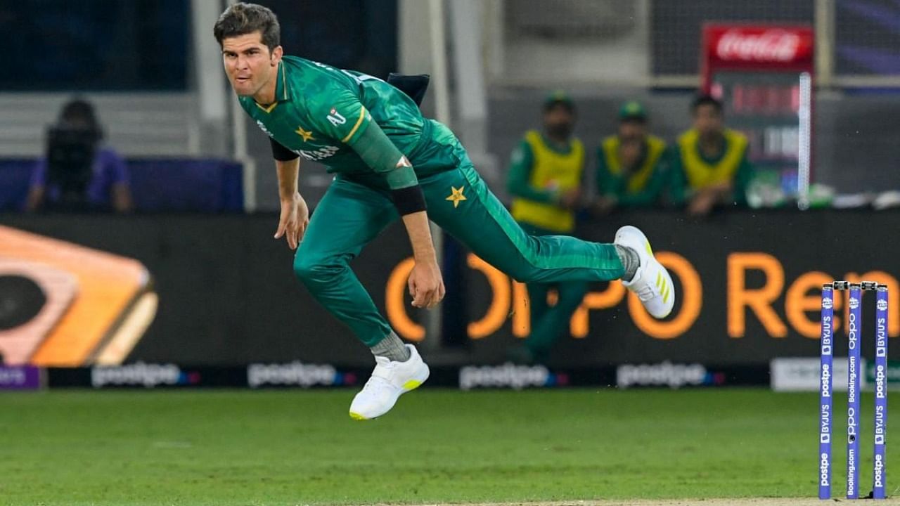Pakistan's Shaheen Shah Afridi delivers a ball during the ICC men’s Twenty20 World Cup cricket match between India and Pakistan at the Dubai International Cricket Stadium in Dubai. Credit: AFP Photo