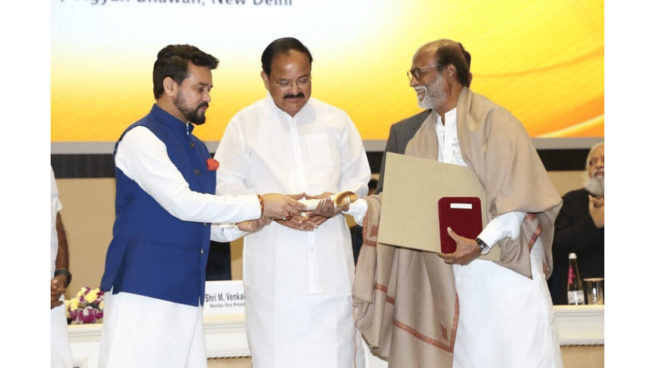 Rajinikanth receives the Dadasaheb Phalke Award. Credit: Special Arrangement