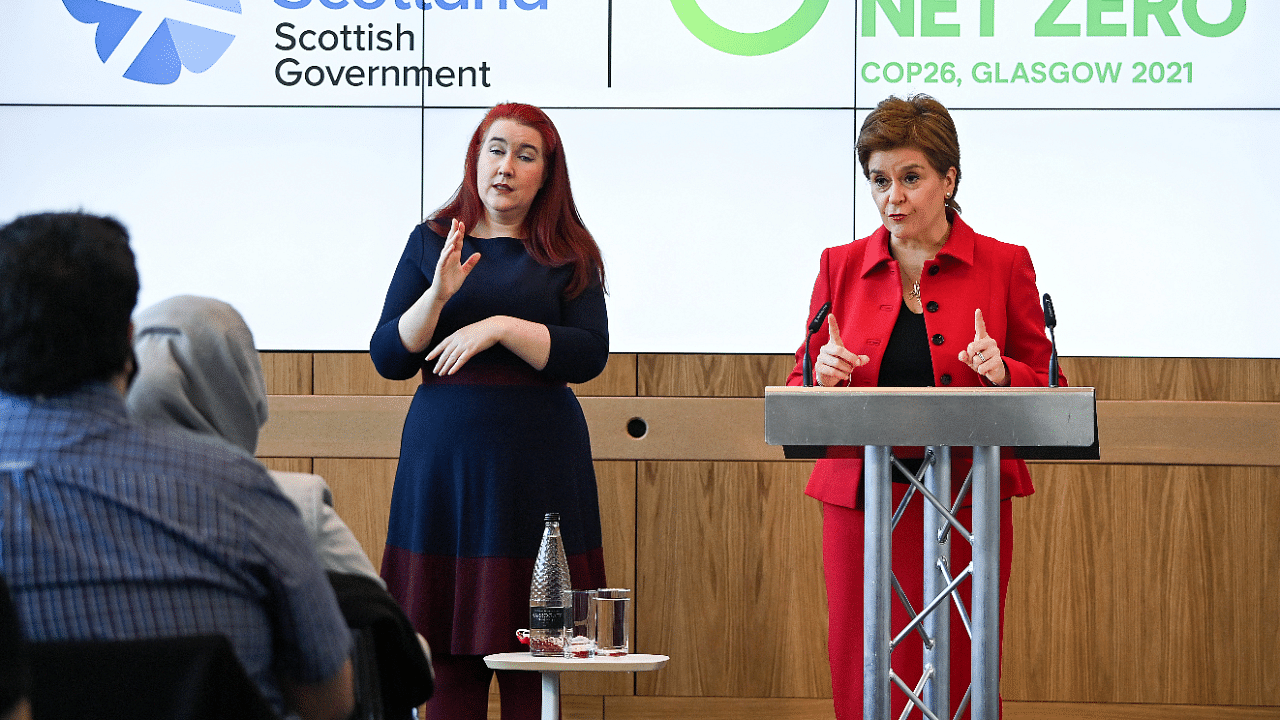 Scotland's First Minister Nicola Sturgeon delivers a keynote speech ahead of COP26 summit at the Technology and Innovation Centre. Credit: Reuters Photo