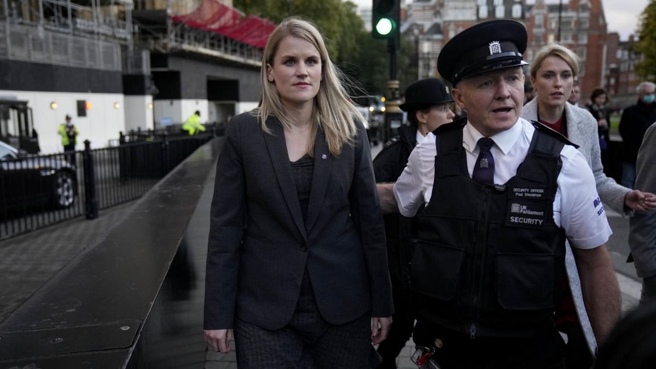 Facebook whistleblower Frances Haugen leaves after giving evidence to the joint committee for the Draft Online Safety Bill, as part of British government plans for social media regulation, at the Houses of Parliament, in London. Credit: AFP Photo