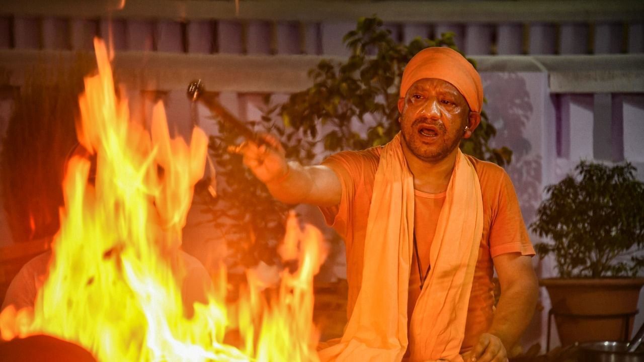 Yogi Adityanath performs rituals. Credit: PTI Photo
