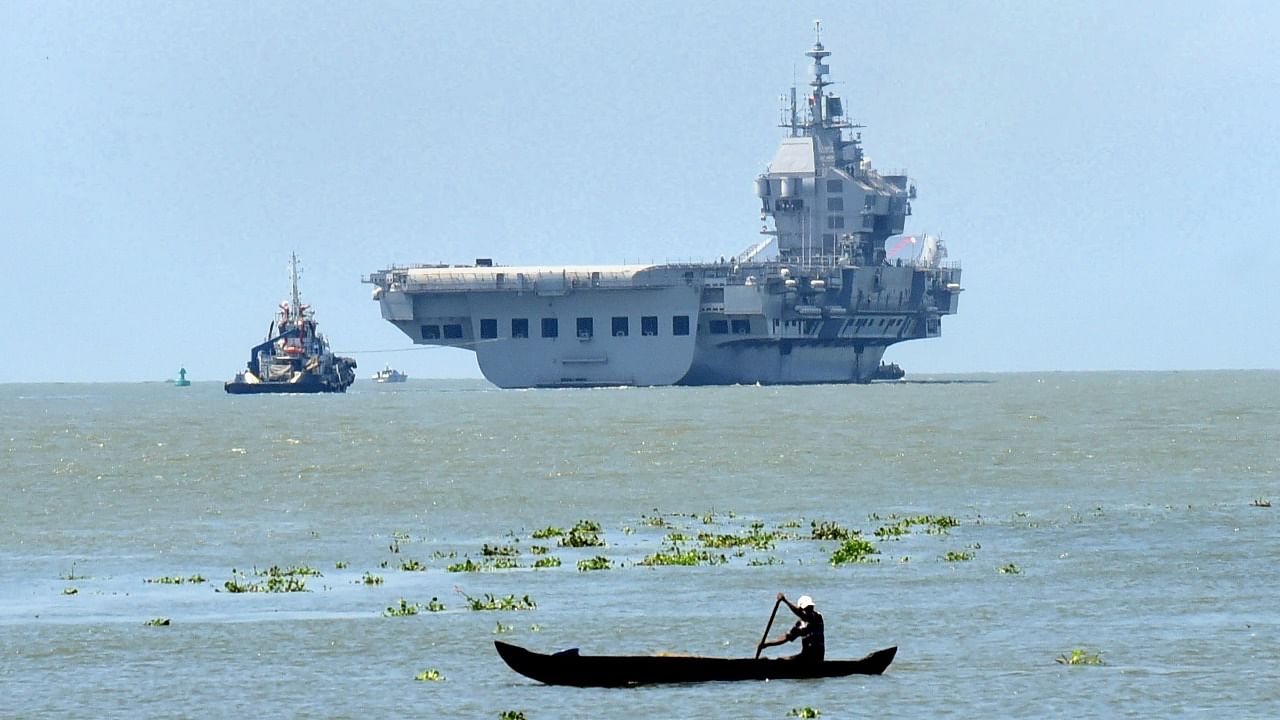 Indigenous Aircraft Carrier (IAC) Vikrant sails out for second sea trials from Kochi, Sunday. Credit: PTI Photo