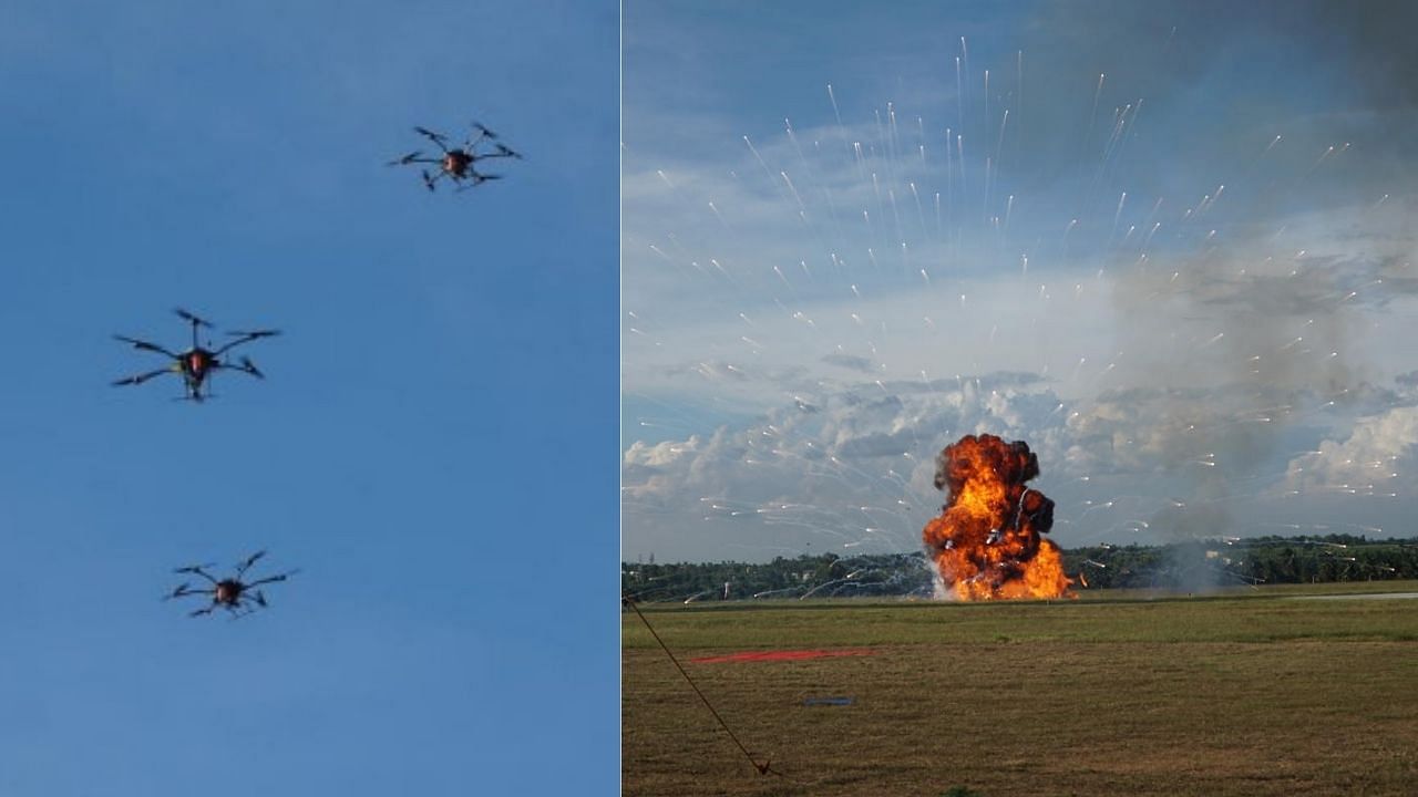 An explosion ensues after a target is supposedly hit by a kamikaze drone at Yelahanka Air Force station. Credit: DH Photo