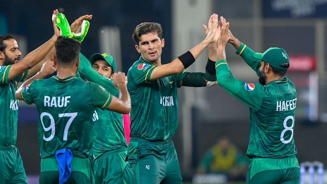 Shaheen Shah Afridi (2nd from right) was sensational with the new ball and New Zealand openers will have to watch out for his fast in-swinging yorkers. Credit: AFP Photo