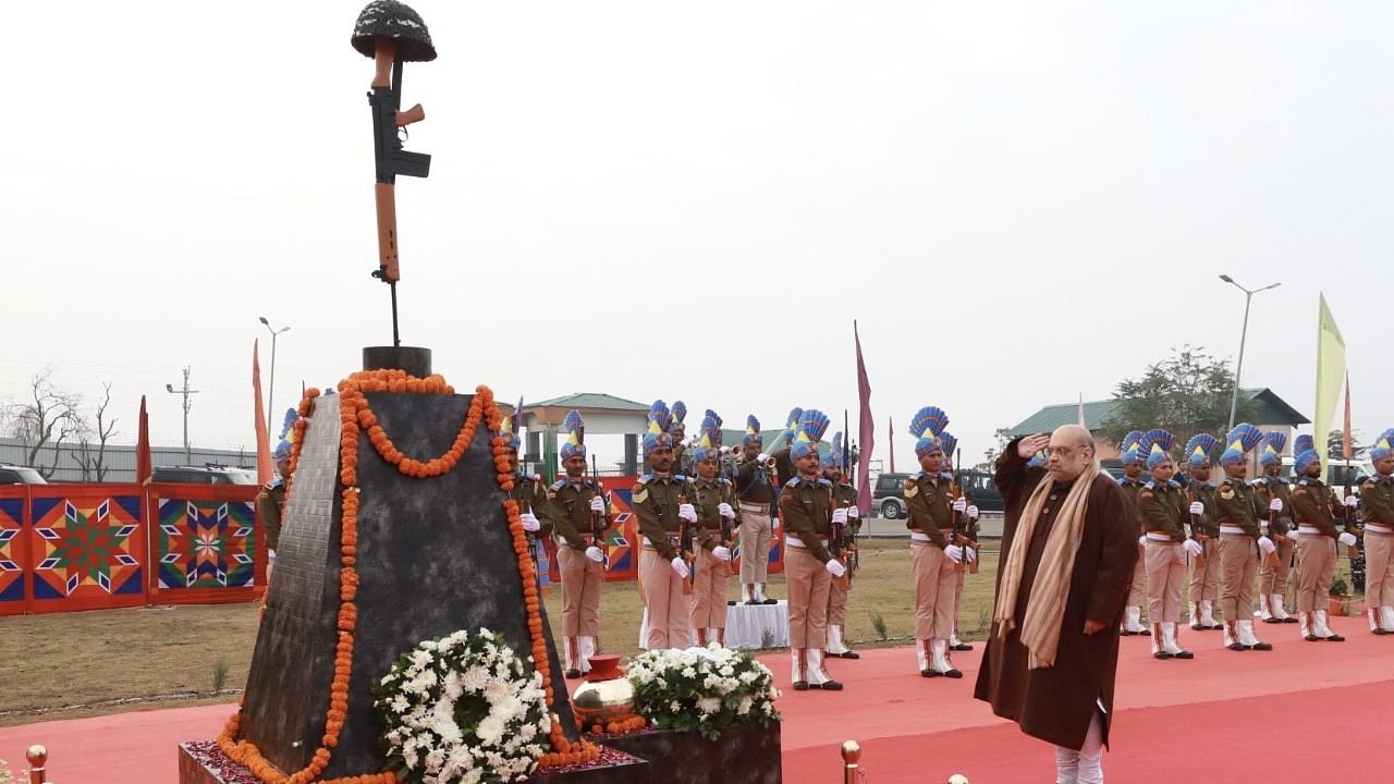 Shah, who was on a four-day visit to the Union territory, laid a floral wreath at the memorial constructed last year for the victims of the attack carried out by Jaish-e-Mohammad. Credit: Twitter/@AmitShah