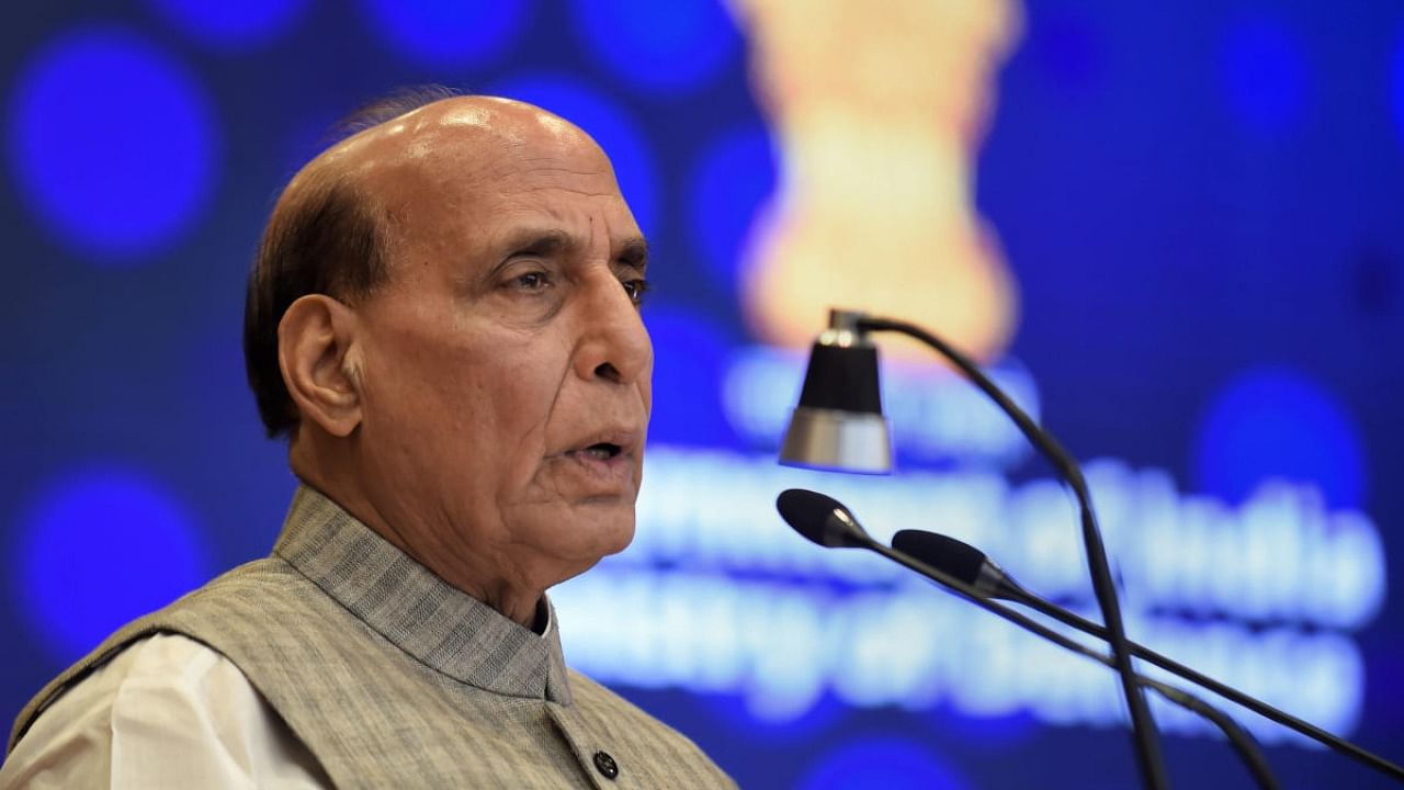 Union Defence Minister Rajnath Singh addresses the Ambassadors' Roundtable on DEFEXPO-22, in New Delhi. Credit: PTI Photo